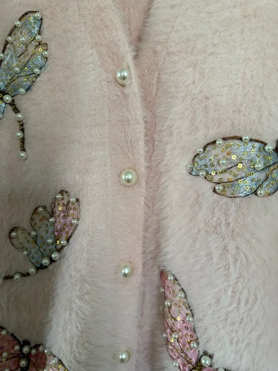 Hand Embroidered Sequin Pink Embellished Butterfly Fuzzy Cardigan Sweater NWOT - Picture 2 of 16